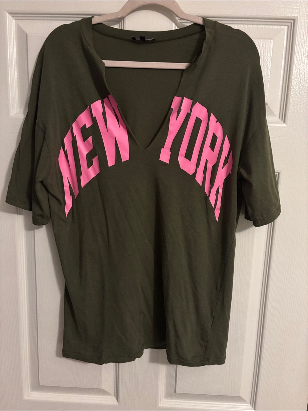 Fashion Nova Olive V-Neck Tee with Pink NEW YORK Print